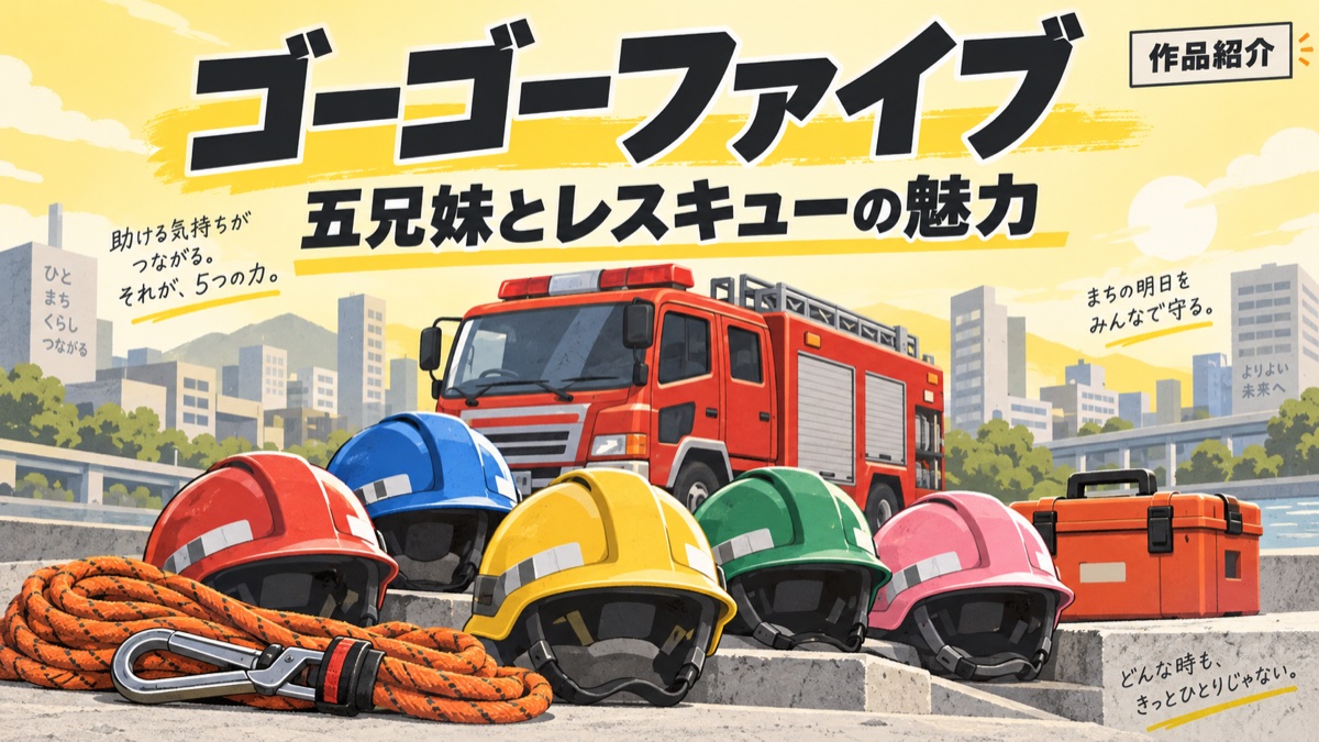 消防車と5つの救助用ヘルメットを描いた、ゴーゴーファイブ作品紹介のオリジナルイラスト